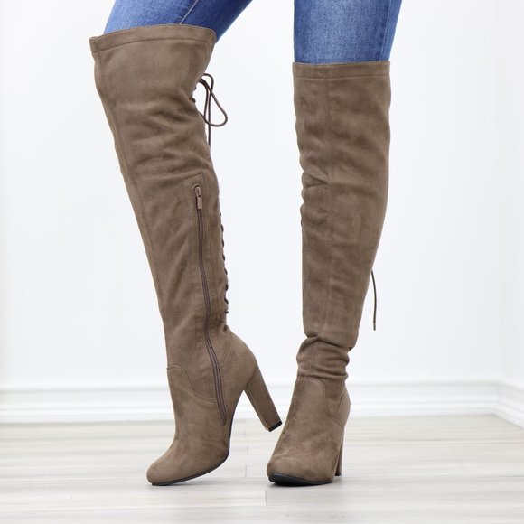 Taupe Suede Thigh High Boots Over The Knee Block High Heel With Lace Up Back - Picture 12 of 14